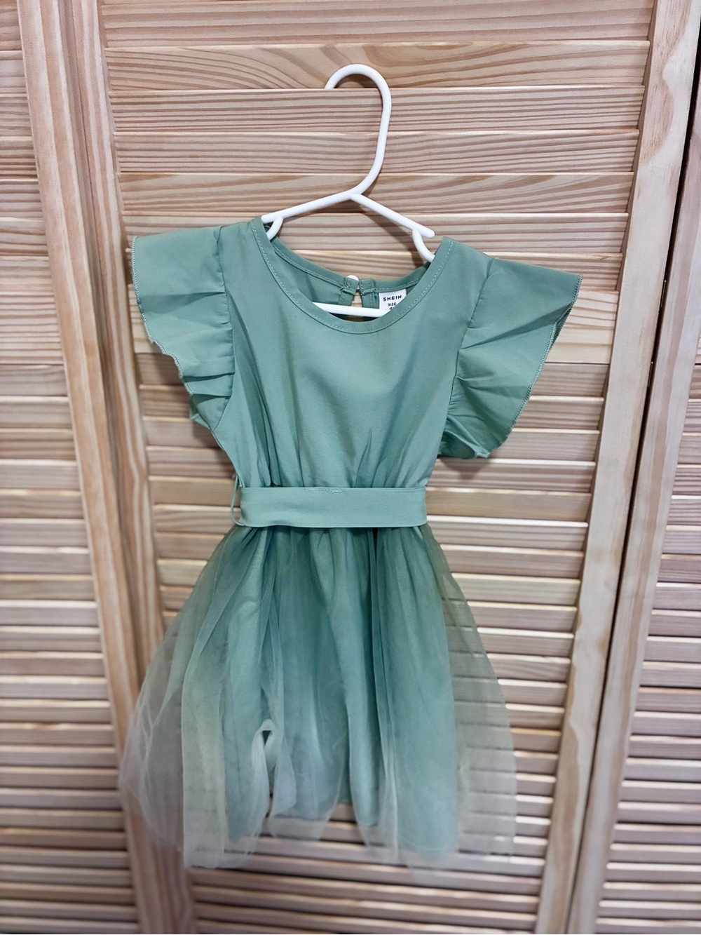 SHEIN Mint Green Tulle Flutter Sleeve Dress for Kids
